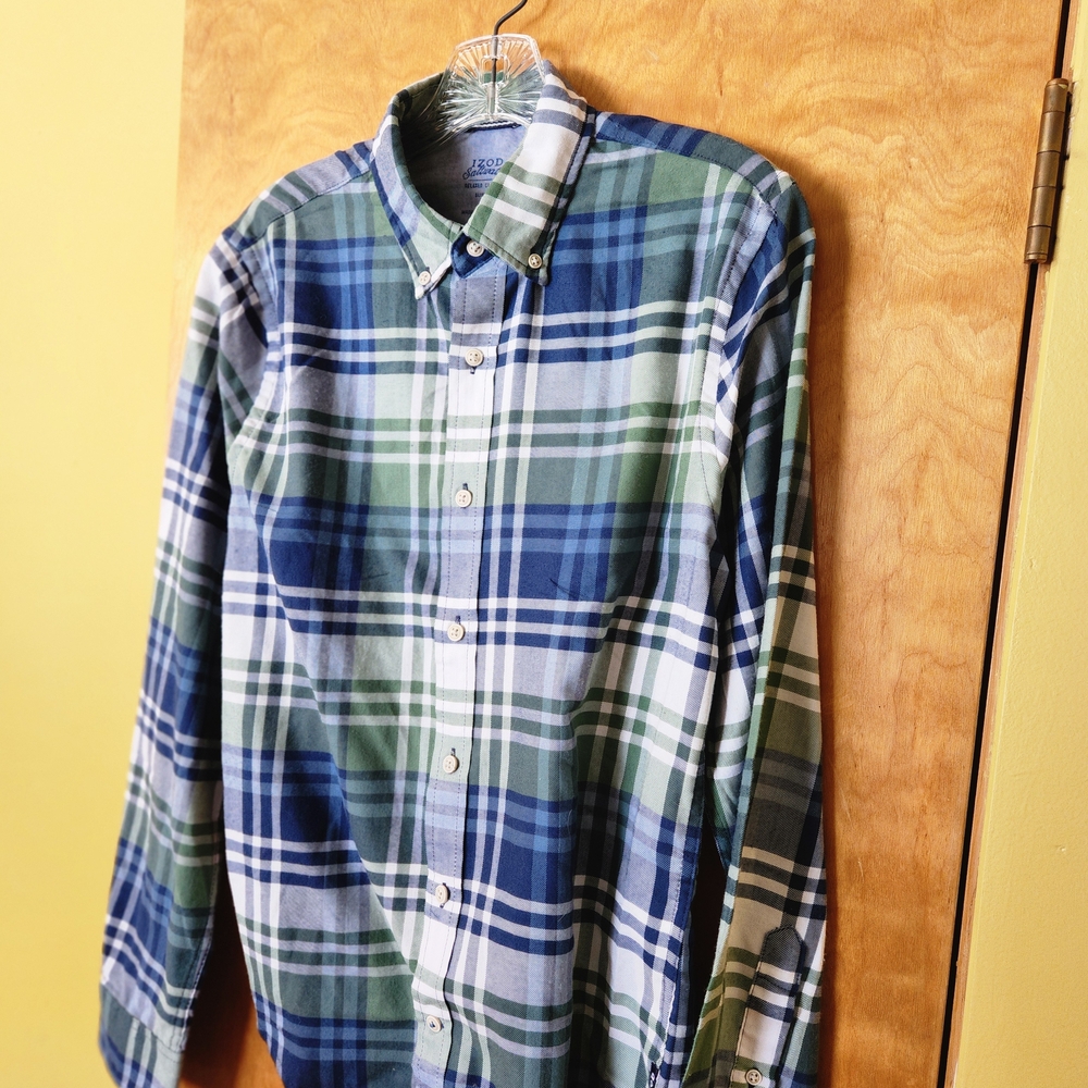 Izod Blue and Green Plaid Button Down Slim Fit Shirt Super Soft Sz S